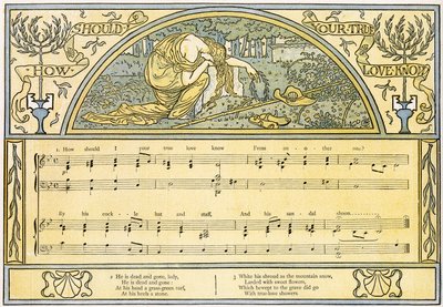 "How Should I Your True Love Know", Ophelian laulu "Hamletista", näytös IV, kohtaus 5, kuvitus teoksesta "Pan-Pipes", Vanhojen laulujen kirja, äskettäin sovitettu ja säestetty Theo. Marziaalit, julkaisut tekijältä Walter Crane